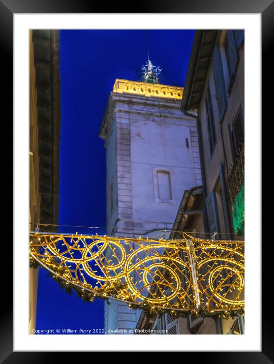 Christmas Decorations Old Clock Tower Street Nimes Gard France Framed Mounted Print by William Perry