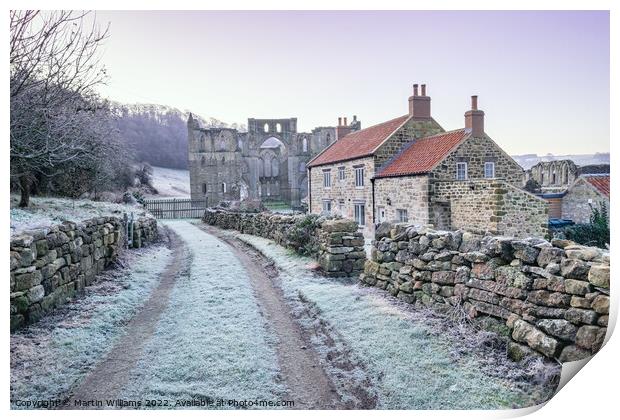 Village of Rievaulx; in frost with Rievaulx Abbey Print by Martin Williams