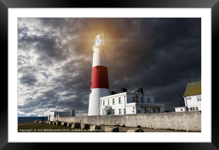 Portland Bill Lighthouse with stormy Skys Framed Mounted Print by Ann Biddlecombe