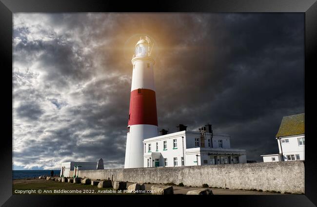 Portland Bill Lighthouse with stormy Skys Framed Print by Ann Biddlecombe