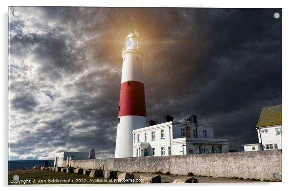 Portland Bill Lighthouse with stormy Skys Acrylic by Ann Biddlecombe