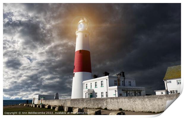 Portland Bill Lighthouse with stormy Skys Print by Ann Biddlecombe