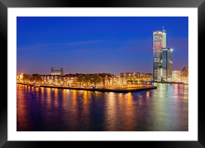 Rotterdam City Skyline Night River View Framed Mounted Print by Artur Bogacki