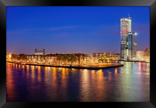Rotterdam City Skyline Night River View Framed Print by Artur Bogacki