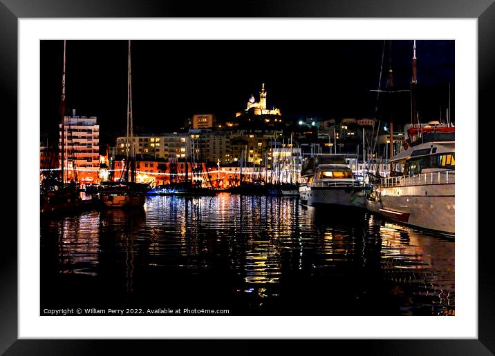 Yachts Boats Waterfront Night Reflection Church Marseille France Framed Mounted Print by William Perry