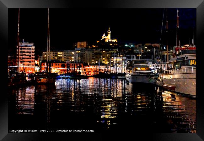 Yachts Boats Waterfront Night Reflection Church Marseille France Framed Print by William Perry