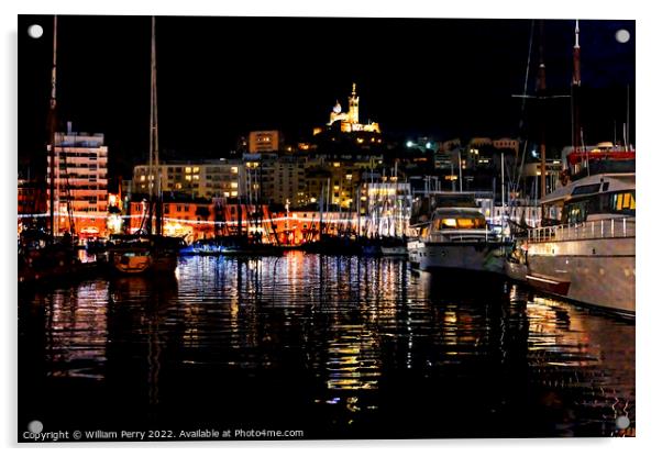 Yachts Boats Waterfront Night Reflection Church Marseille France Acrylic by William Perry