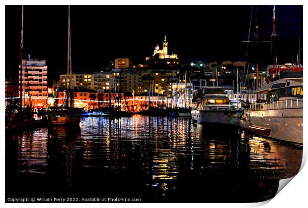 Yachts Boats Waterfront Night Reflection Church Marseille France Print by William Perry
