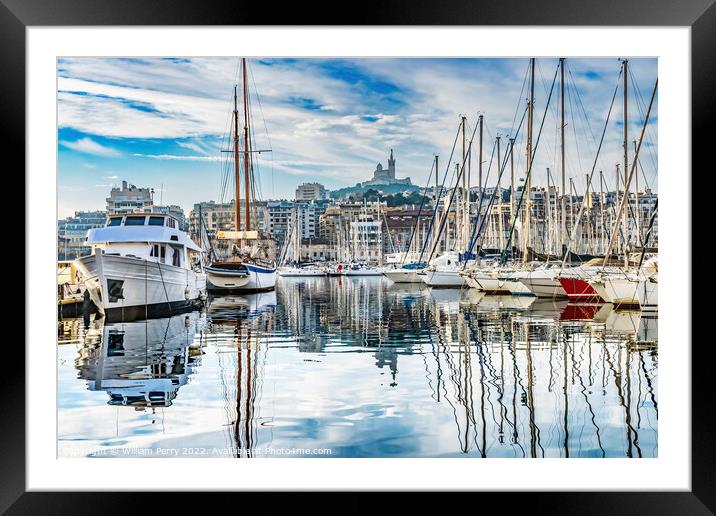 Yachts Boats Waterfront Reflection Church Marseille France Framed Mounted Print by William Perry