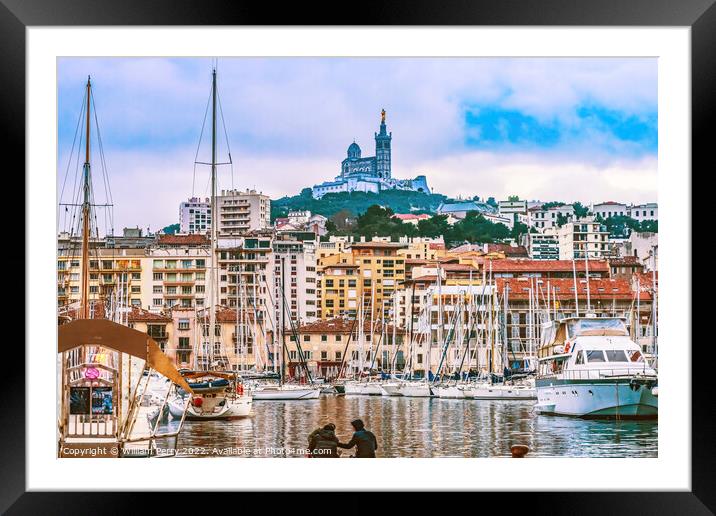 Tourists Yachts Boats Waterfront Reflection Church Marseille Fra Framed Mounted Print by William Perry