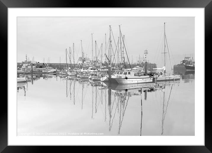 Scarborough Harbour Serene B&W Framed Mounted Print by Alison Chambers