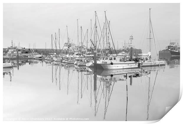 Scarborough Harbour Serene B&W Print by Alison Chambers