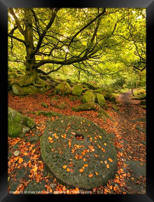 Padley Gorge Millstone in Autumn. Framed Print by Craig Yates