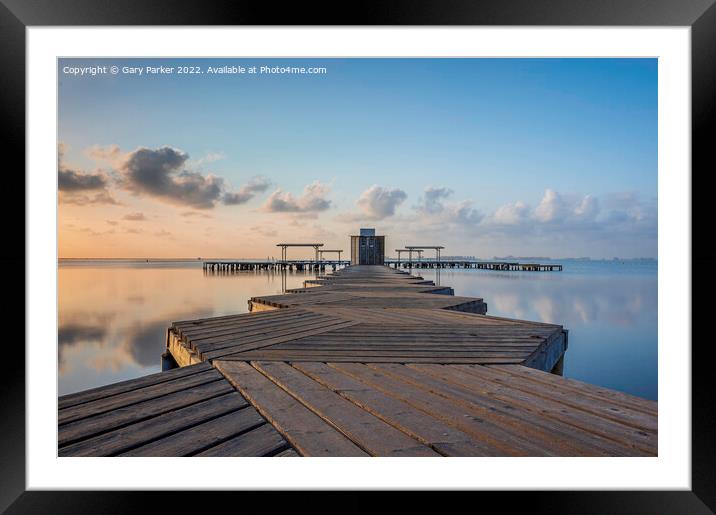 Sunrise over wooden jetty Framed Mounted Print by Gary Parker
