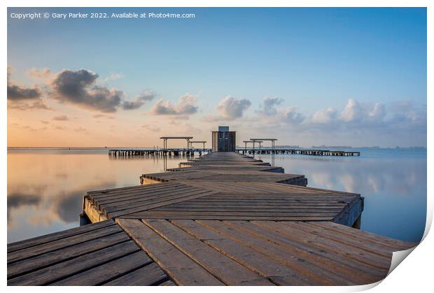 Sunrise over wooden jetty Print by Gary Parker
