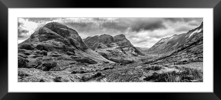 A Panorama of Glencoe and the "Three Sisters" mono Framed Mounted Print by Will Ireland Photography