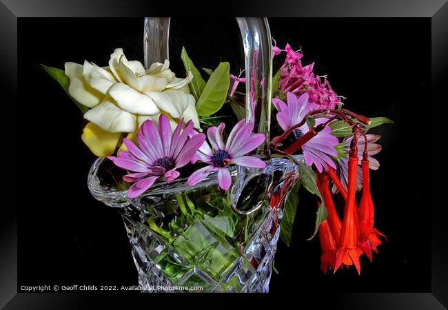  Cut Glass Vase full of mixed colourful fresh flowers.  Framed Print by Geoff Childs