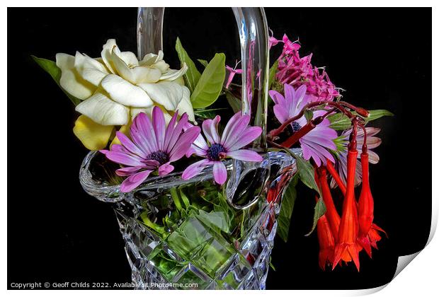  Cut Glass Vase full of mixed colourful fresh flowers.  Print by Geoff Childs