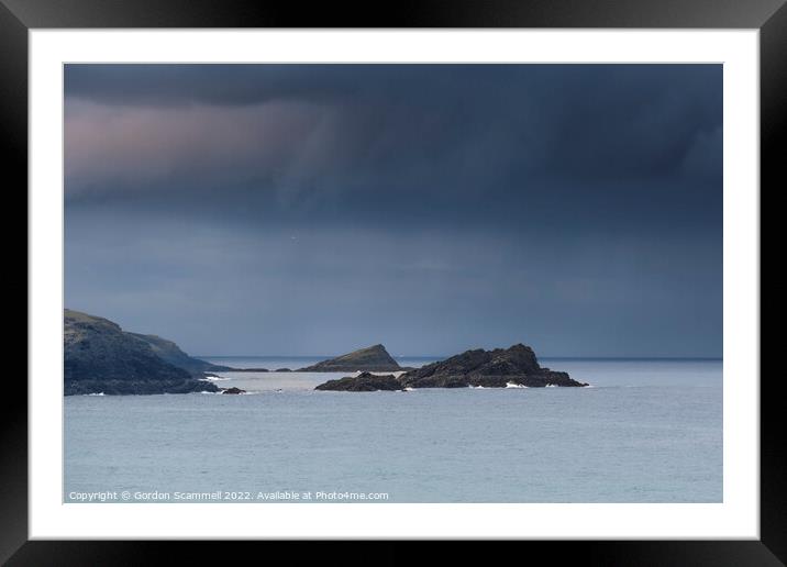 Calm sea and gathering storm clouds in Fistral Bay Framed Mounted Print by Gordon Scammell