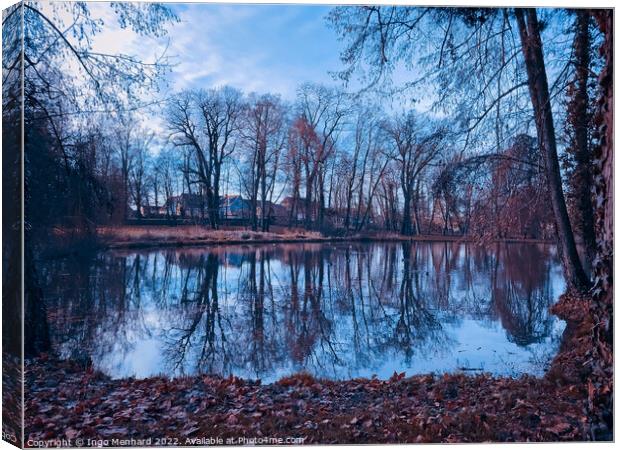 Reflective pond water with bare autumn tree reflections on a cloudy day Canvas Print by Ingo Menhard