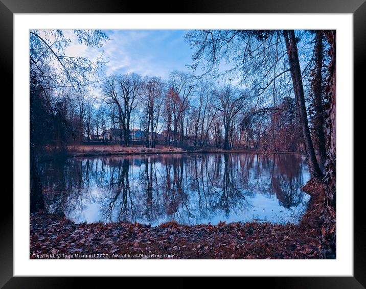 Reflective pond water with bare autumn tree reflections on a cloudy day Framed Mounted Print by Ingo Menhard