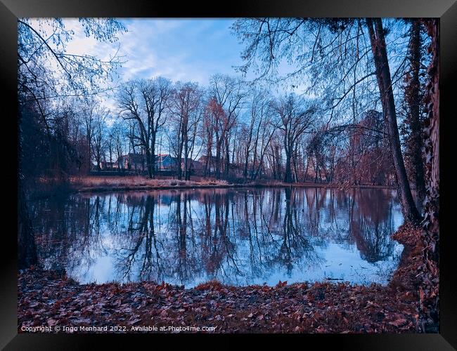 Reflective pond water with bare autumn tree reflections on a cloudy day Framed Print by Ingo Menhard
