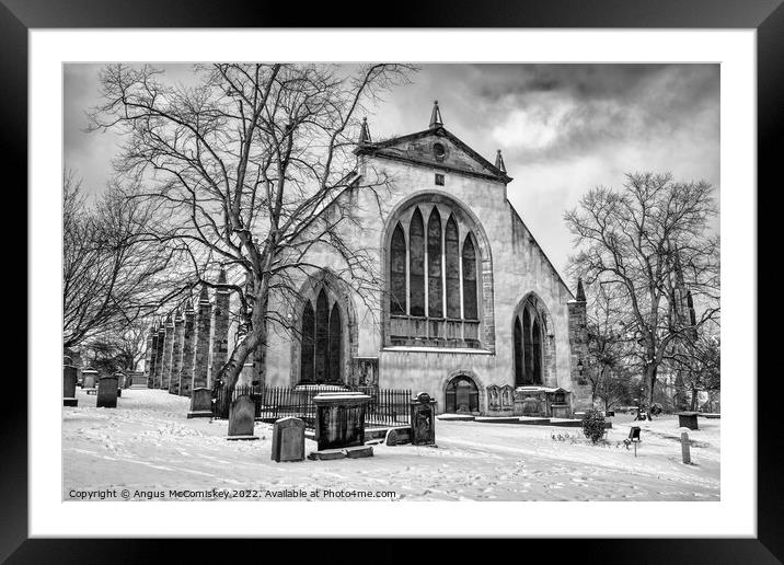 Greyfriars Kirk and Kirkyard in snow mono Framed Mounted Print by Angus McComiskey