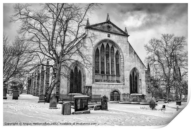 Greyfriars Kirk and Kirkyard in snow mono Print by Angus McComiskey
