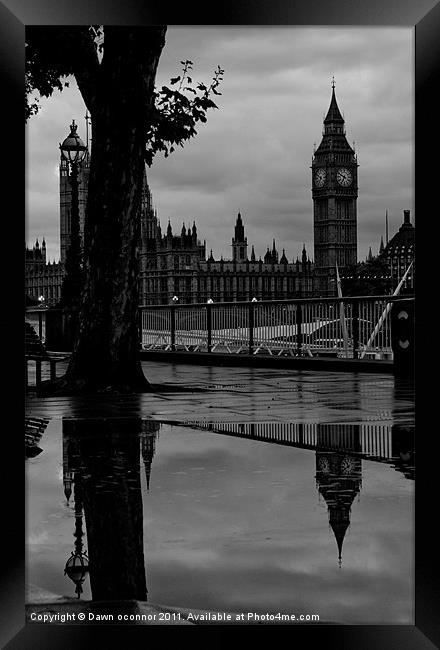 Westminster Puddle, black and white Framed Print by Dawn O'Connor