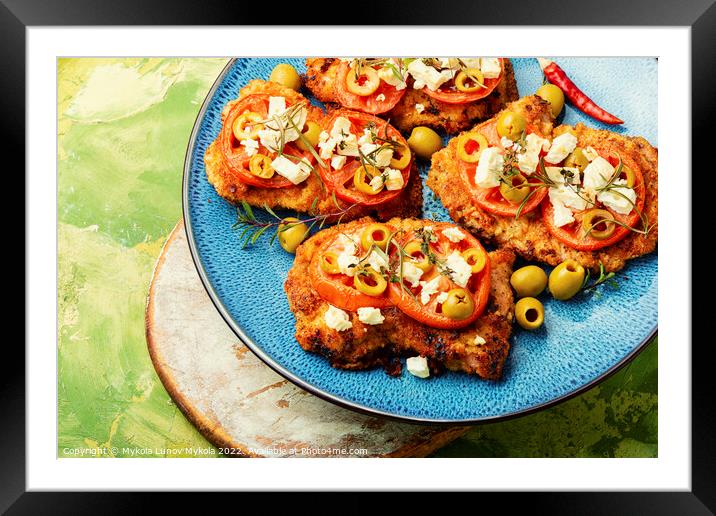 Meat schnitzel with cheese, olives and tomato Framed Mounted Print by Mykola Lunov Mykola