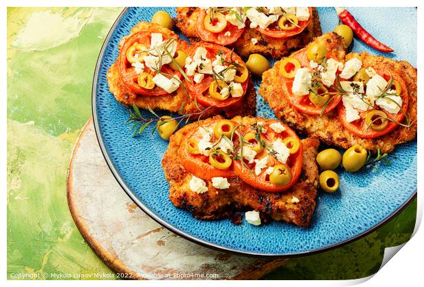 Meat schnitzel with cheese, olives and tomato Print by Mykola Lunov Mykola