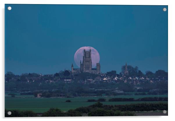 Full moon rising behind Ely Cathedral, 16th April 2022 Acrylic by Andrew Sharpe