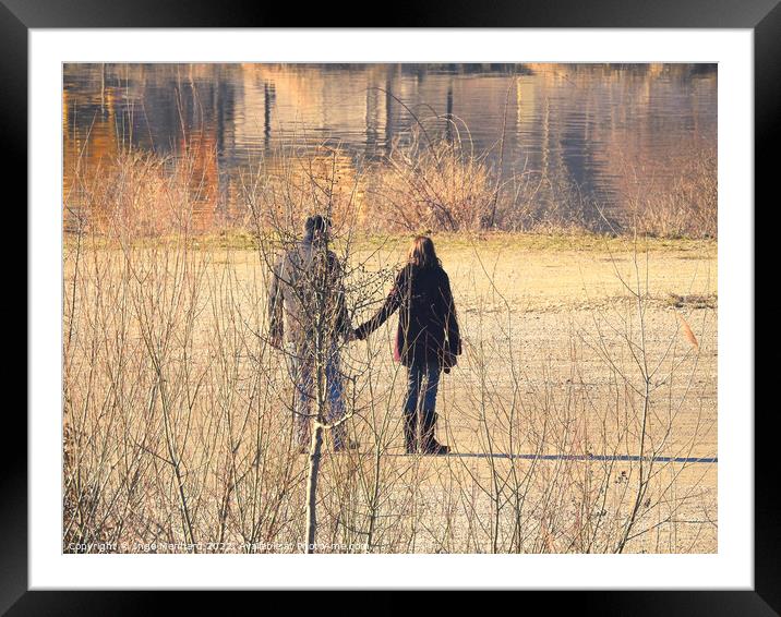 Scenic shot of a couple walking around the lake Framed Mounted Print by Ingo Menhard