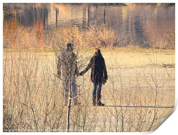 Scenic shot of a couple walking around the lake Print by Ingo Menhard