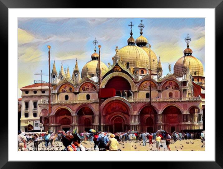 Feeding the Pigeons in Front of St Marks Basilica Framed Mounted Print by Roger Mechan