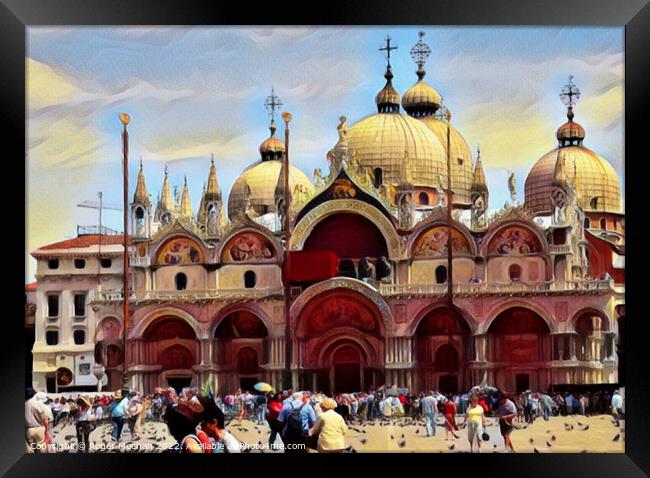 Feeding the Pigeons in Front of St Marks Basilica Framed Print by Roger Mechan