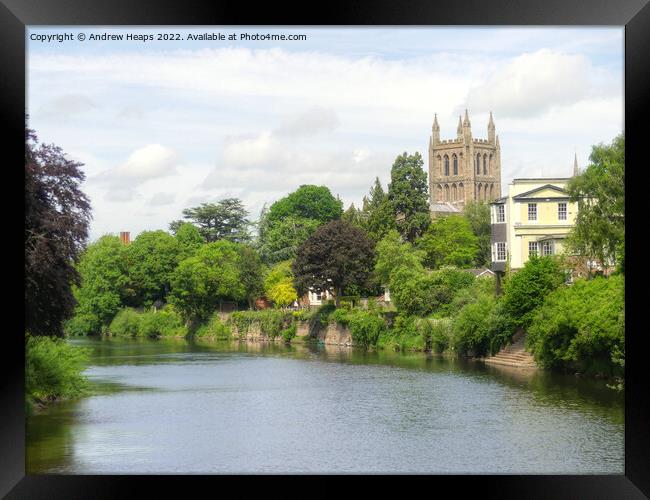 Hereford Cathedral on the river Wye Framed Print by Andrew Heaps
