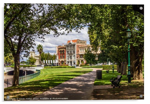 Historic buildings from Queens gardens, Rosalind Park, Bendigo,  Acrylic by Kevin Hellon