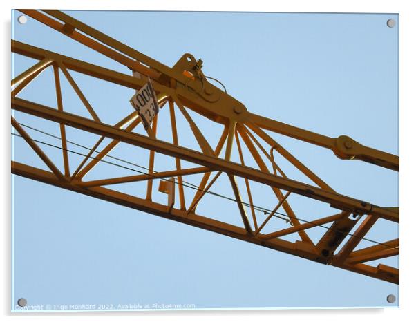 A low angle shot of a part of a construction crane against the clear blue sky Acrylic by Ingo Menhard