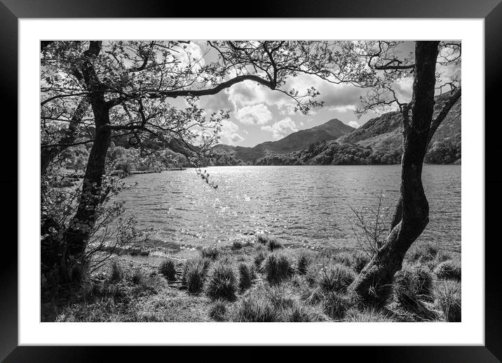 Llyn Gwynant with sunlight sparkling on the water. Snowdonia, North Wales. Framed Mounted Print by Andrew Kearton