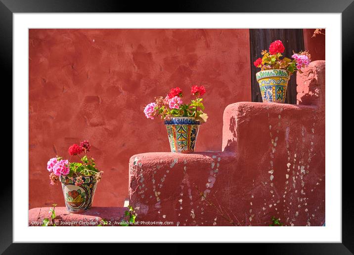 Beautiful vases decorated in a Mexican style, with flowers in th Framed Mounted Print by Joaquin Corbalan