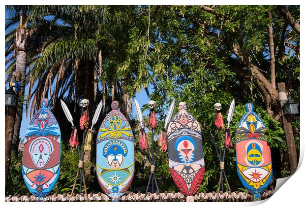 Traditional brightly colored Polynesian decorations on wooden bo Print by Joaquin Corbalan