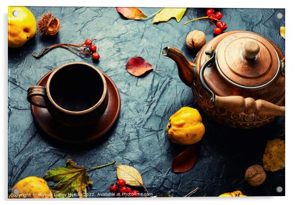 Quince tea and autumn leaves Acrylic by Mykola Lunov Mykola