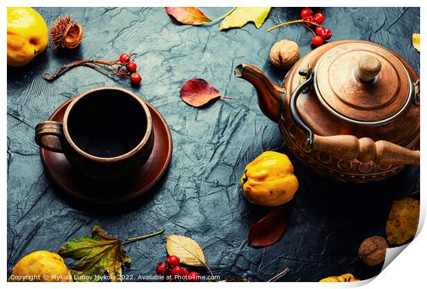 Quince tea and autumn leaves Print by Mykola Lunov Mykola