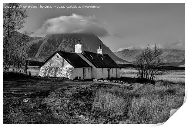 Blackrock Cottage in Glencoe with Buachaille Etive Mor in the background. Mono Print by Will Ireland Photography
