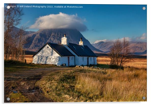 Blackrock Cottage in Glencoe with Buachaille Etive Mor in the background. Acrylic by Will Ireland Photography