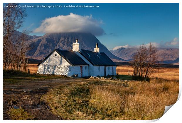 Blackrock Cottage in Glencoe with Buachaille Etive Mor in the background. Print by Will Ireland Photography