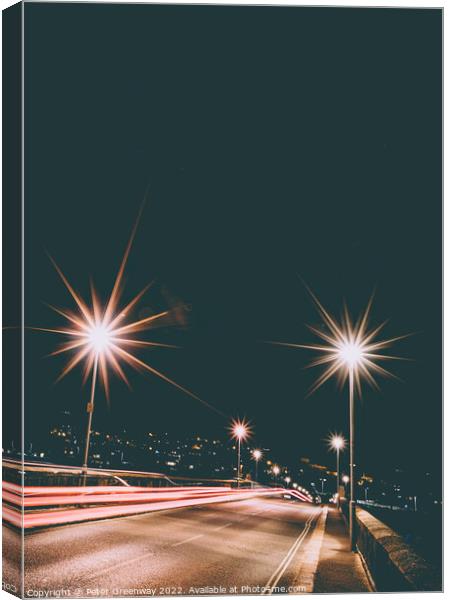 Traffic Flowing Over Shaldon Bridge At Night Canvas Print by Peter Greenway