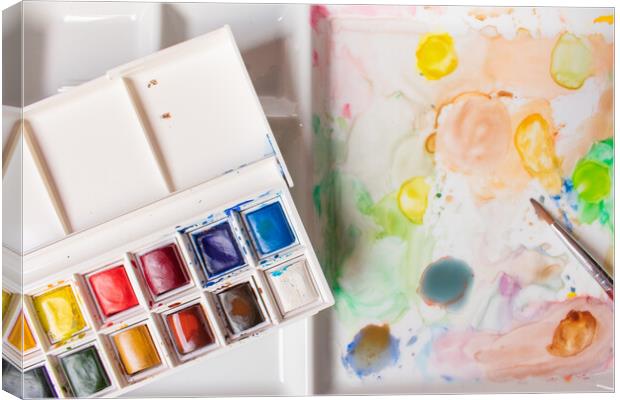 box of watercolors on a paint-stained palette Canvas Print by David Galindo
