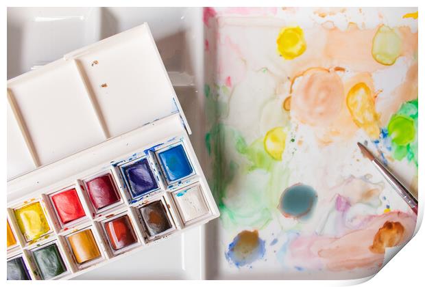 box of watercolors on a paint-stained palette Print by David Galindo